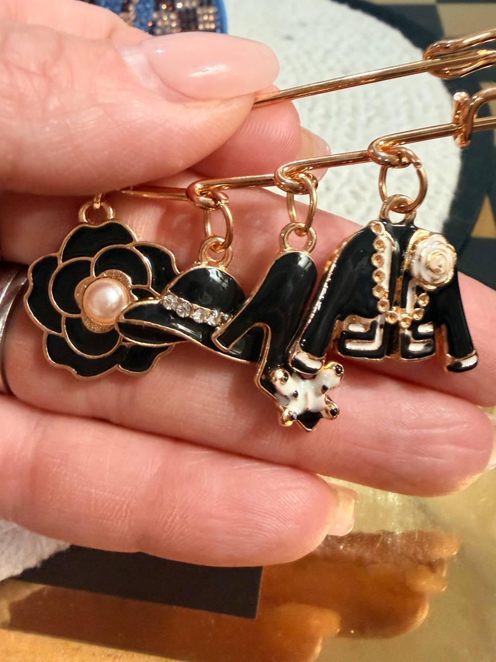 Gold and Black Fashion Icon Charm Brooch - NIB